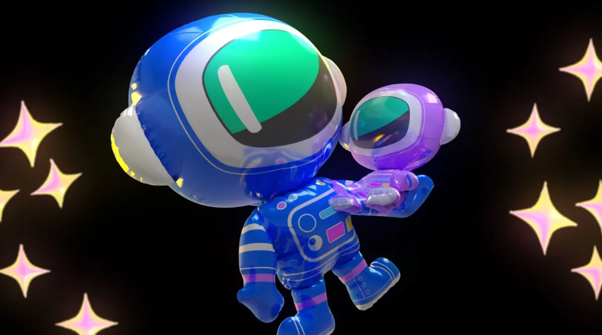 A balloon astronaut floats on a starry background, protectively holding a baby astronaut.