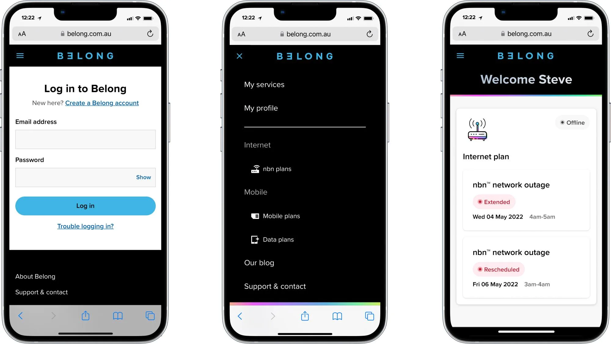 Belong mobile app how to view outage screens