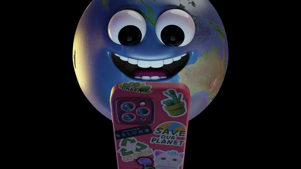 A globe character smiles as it looks at a smart phone covered in stickers, including a Belong logo sticker and a ‘Save our planet’ sticker.