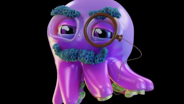 A purple octopus with a coral moustache. It's also wearing a monocle. 