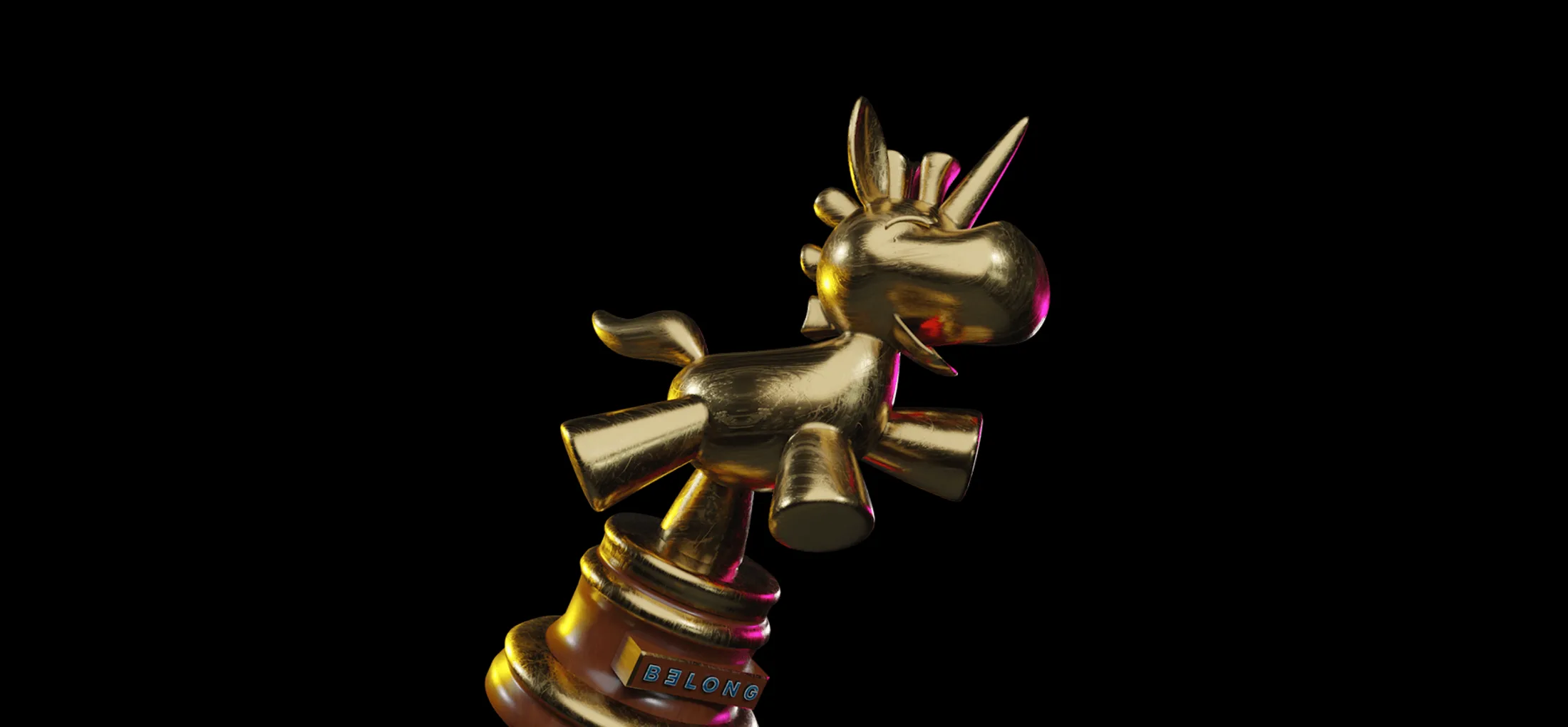 A metallic golden trophy with a unicorn  and Belong logo 