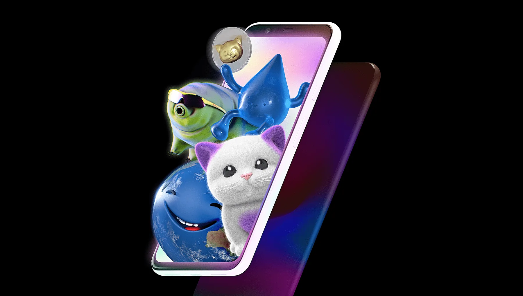 A water drop, cat, smiling Earth, shiny coin and tardigrade in sunglasses float out of a luminous phone screen.